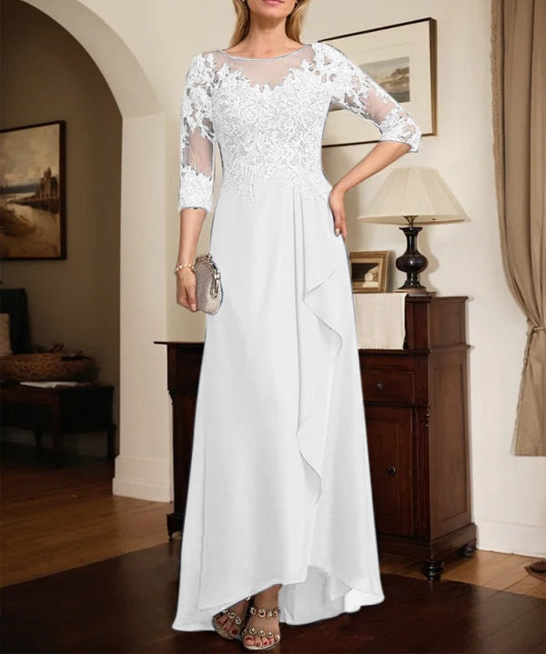 A-line Scoop Illusion Asymmetrical Lace Chiffon Mother of the Bride Dress With Sequins Cascading Ruffles