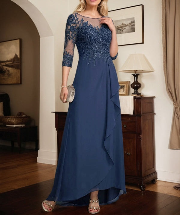 A-line Scoop Illusion Asymmetrical Lace Chiffon Mother of the Bride Dress With Sequins Cascading Ruffles