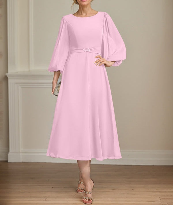 A-line Scoop Tea-Length Chiffon Mother of the Bride Dress With Crystal Brooch Pleated