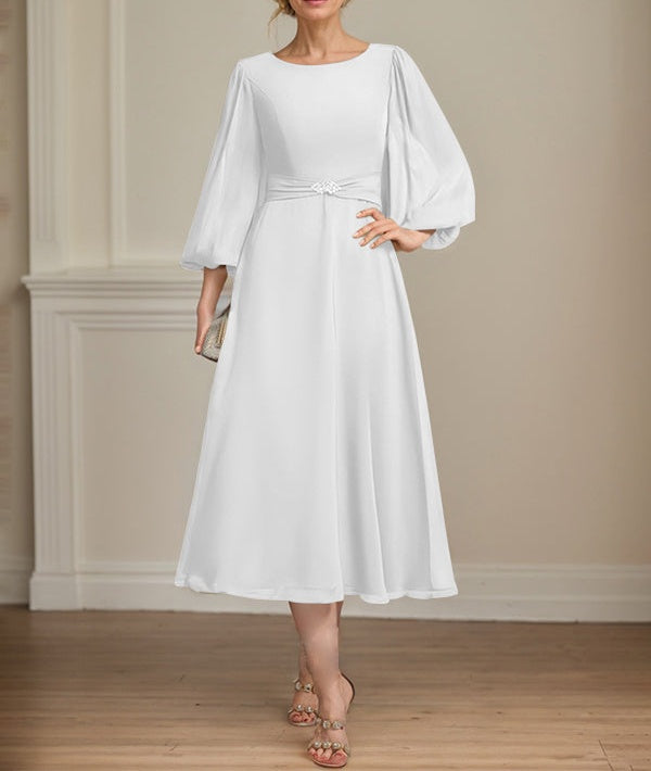 A-line Scoop Tea-Length Chiffon Mother of the Bride Dress With Crystal Brooch Pleated