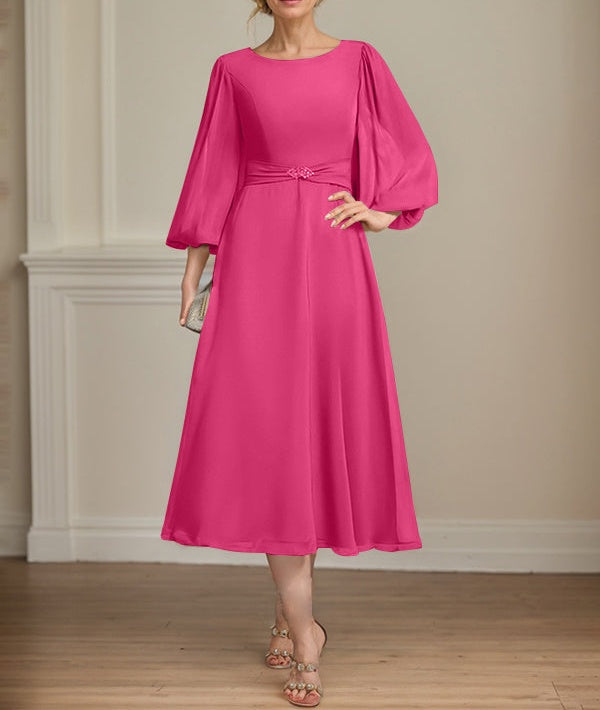 A-line Scoop Tea-Length Chiffon Mother of the Bride Dress With Crystal Brooch Pleated