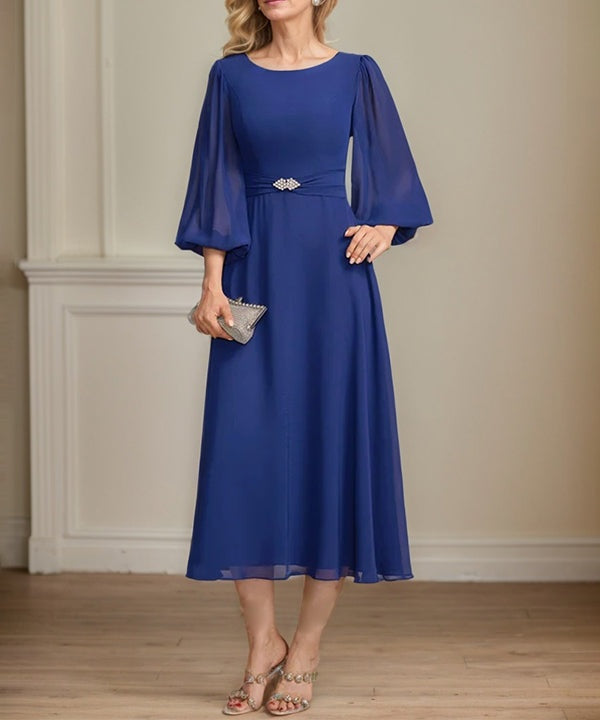 A-line Scoop Tea-Length Chiffon Mother of the Bride Dress With Crystal Brooch Pleated
