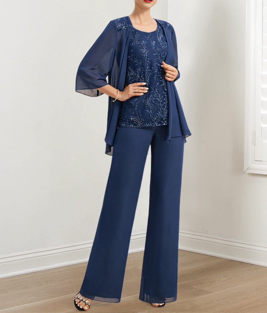 Chiffon Mother of the Bride Pantsuits with Sequins & Jacket