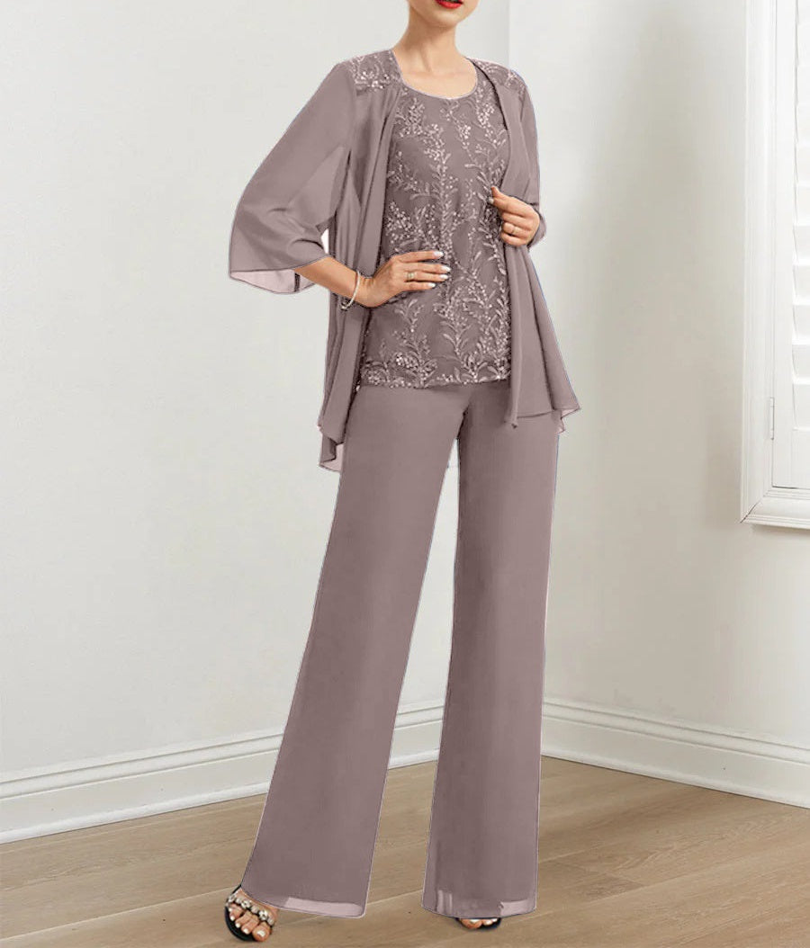 Chiffon Mother of the Bride Pantsuits with Sequins & Jacket