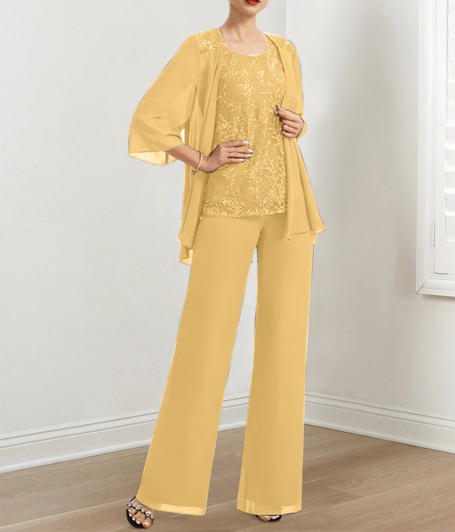 Chiffon Mother of the Bride Pantsuits with Sequins & Jacket