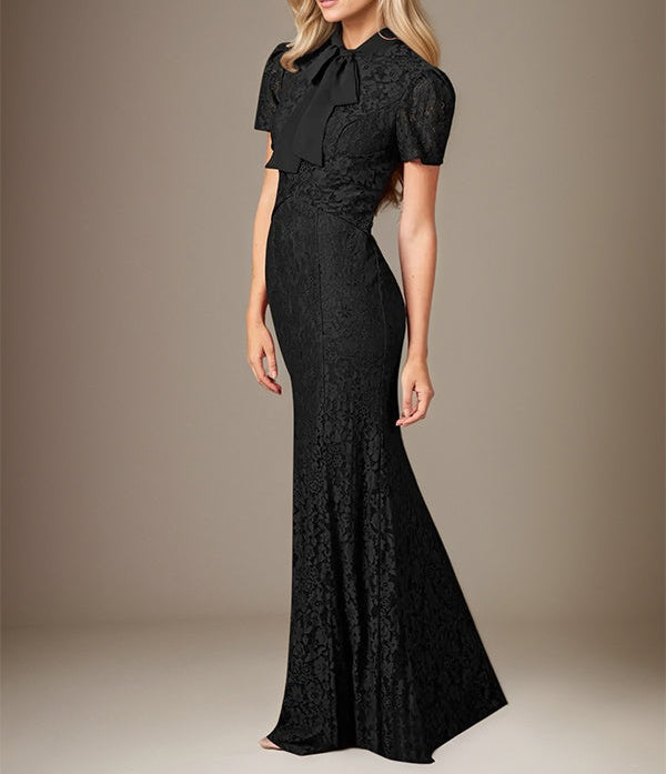 Black Chiffon Bow Tie Neckline Short Sleeves Floor Length Dress With Appliques