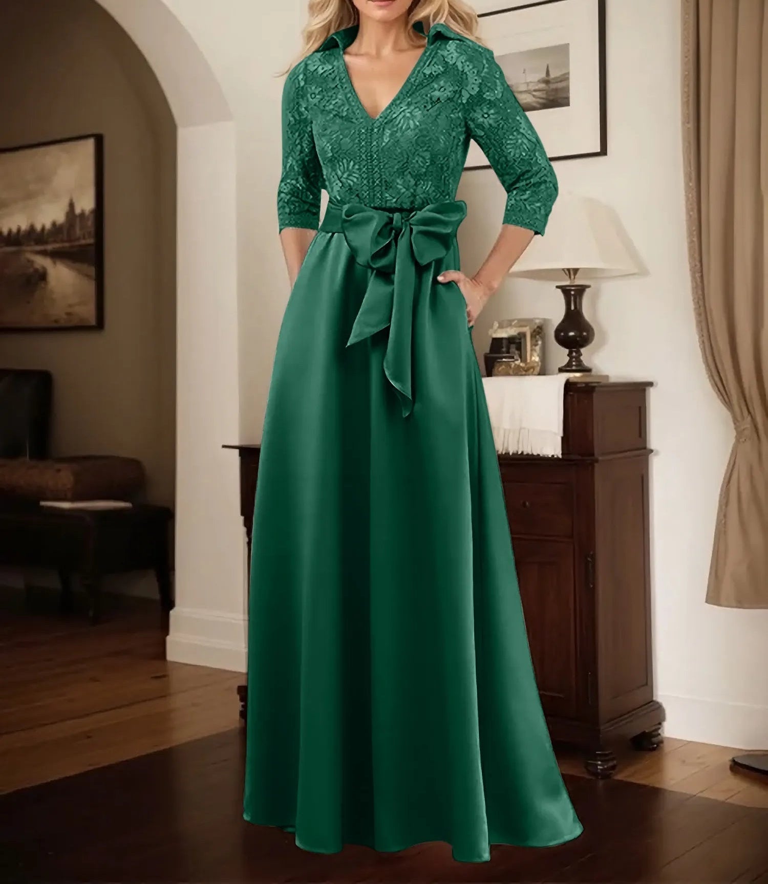 Classic V-Neck Bow Accented Satin Mother Of The Bride Dress With Lace