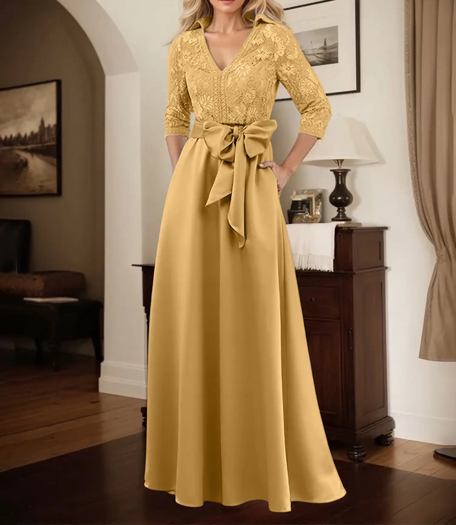 Classic V-Neck Bow Accented Satin Mother Of The Bride Dress With Lace