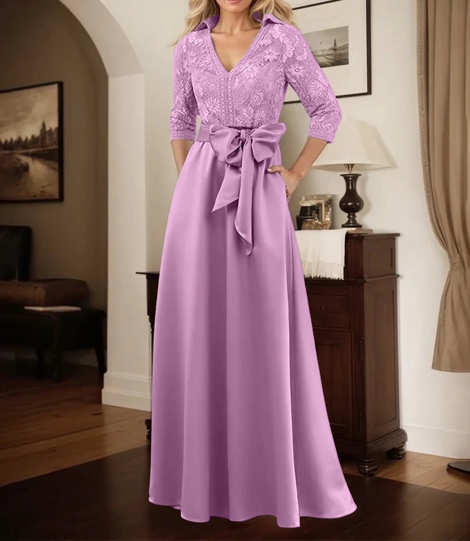Classic V-Neck Bow Accented Satin Mother Of The Bride Dress With Lace