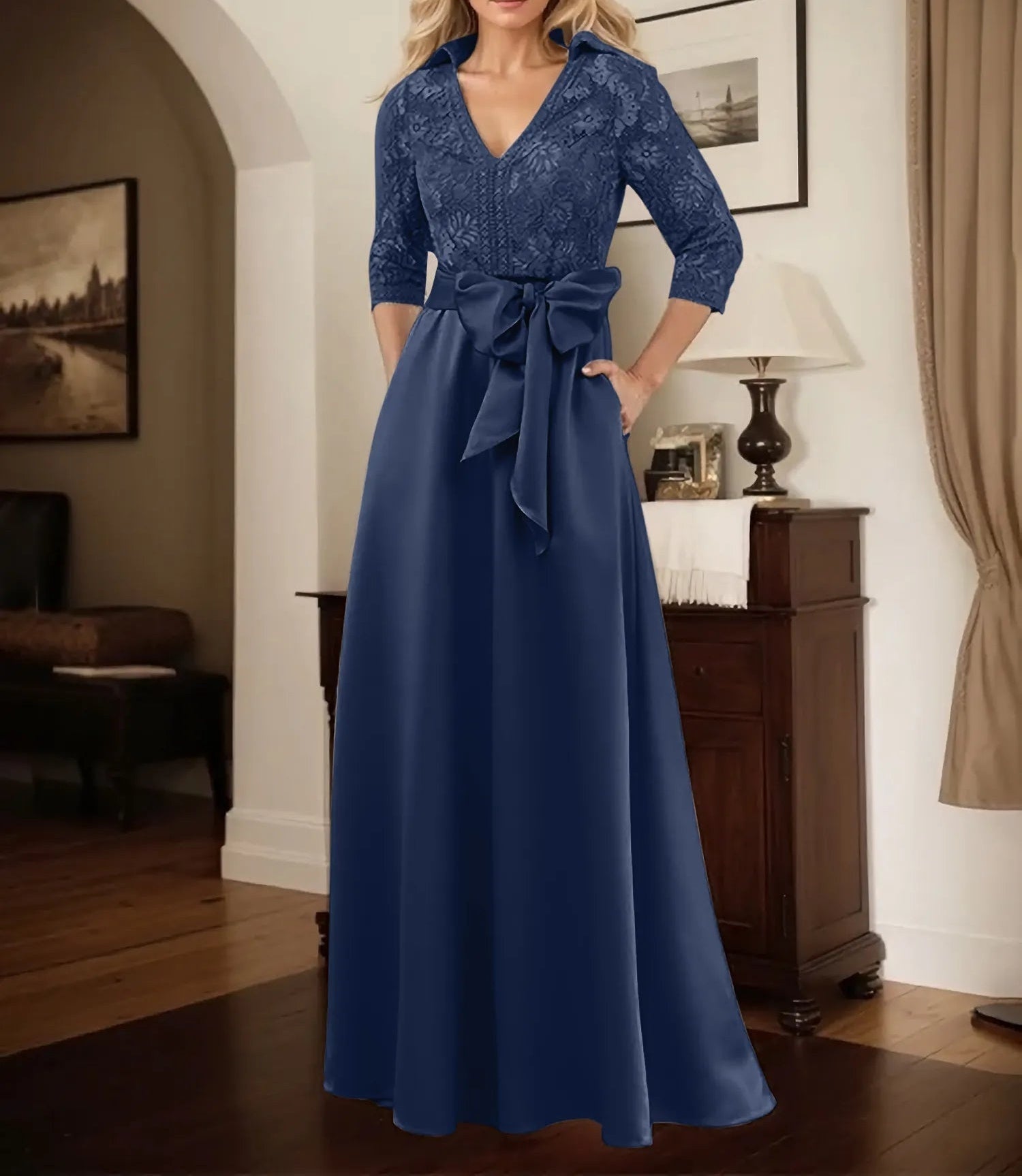Classic V-Neck Bow Accented Satin Mother Of The Bride Dress With Lace