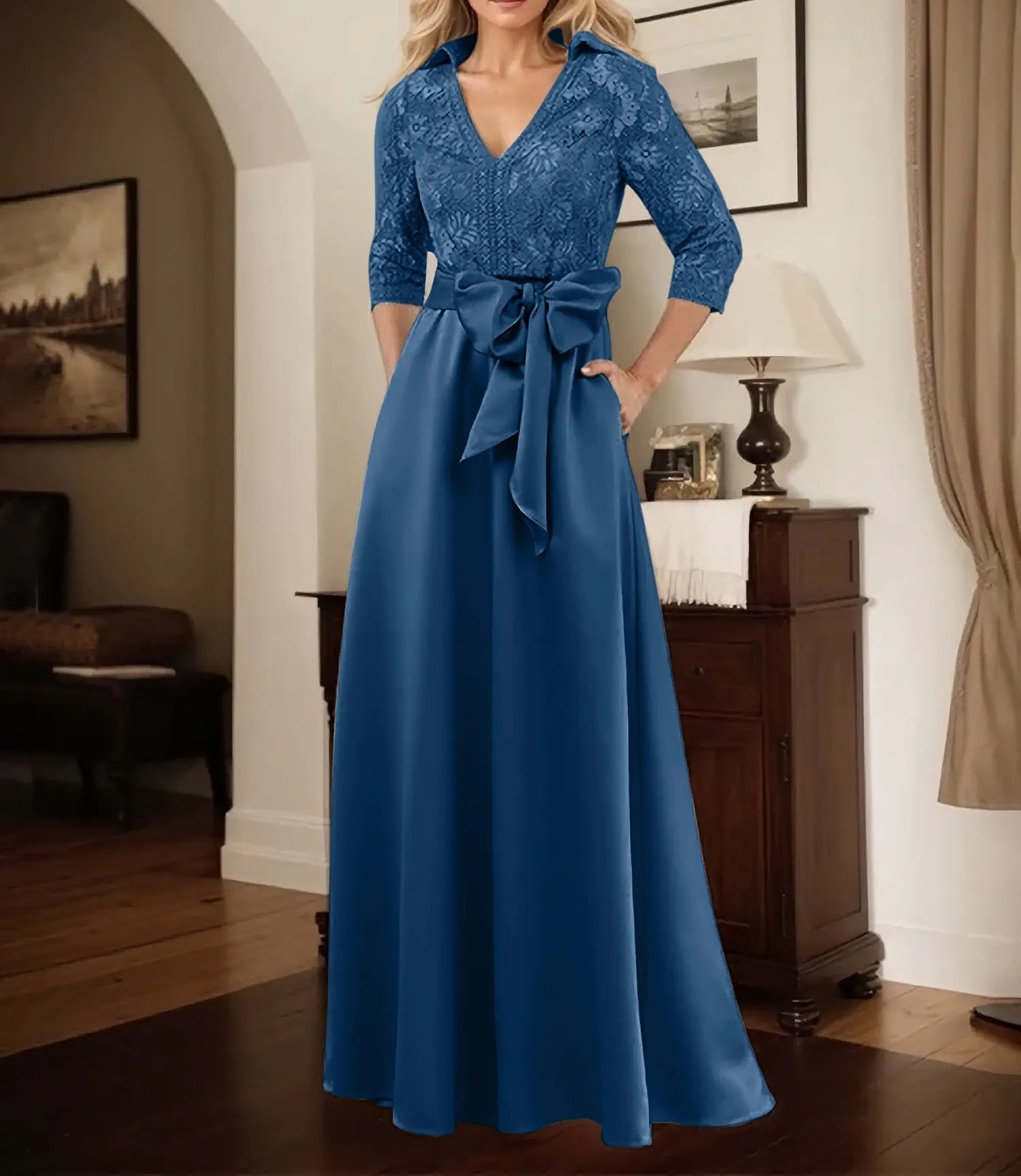 Classic V-Neck Bow Accented Satin Mother Of The Bride Dress With Lace