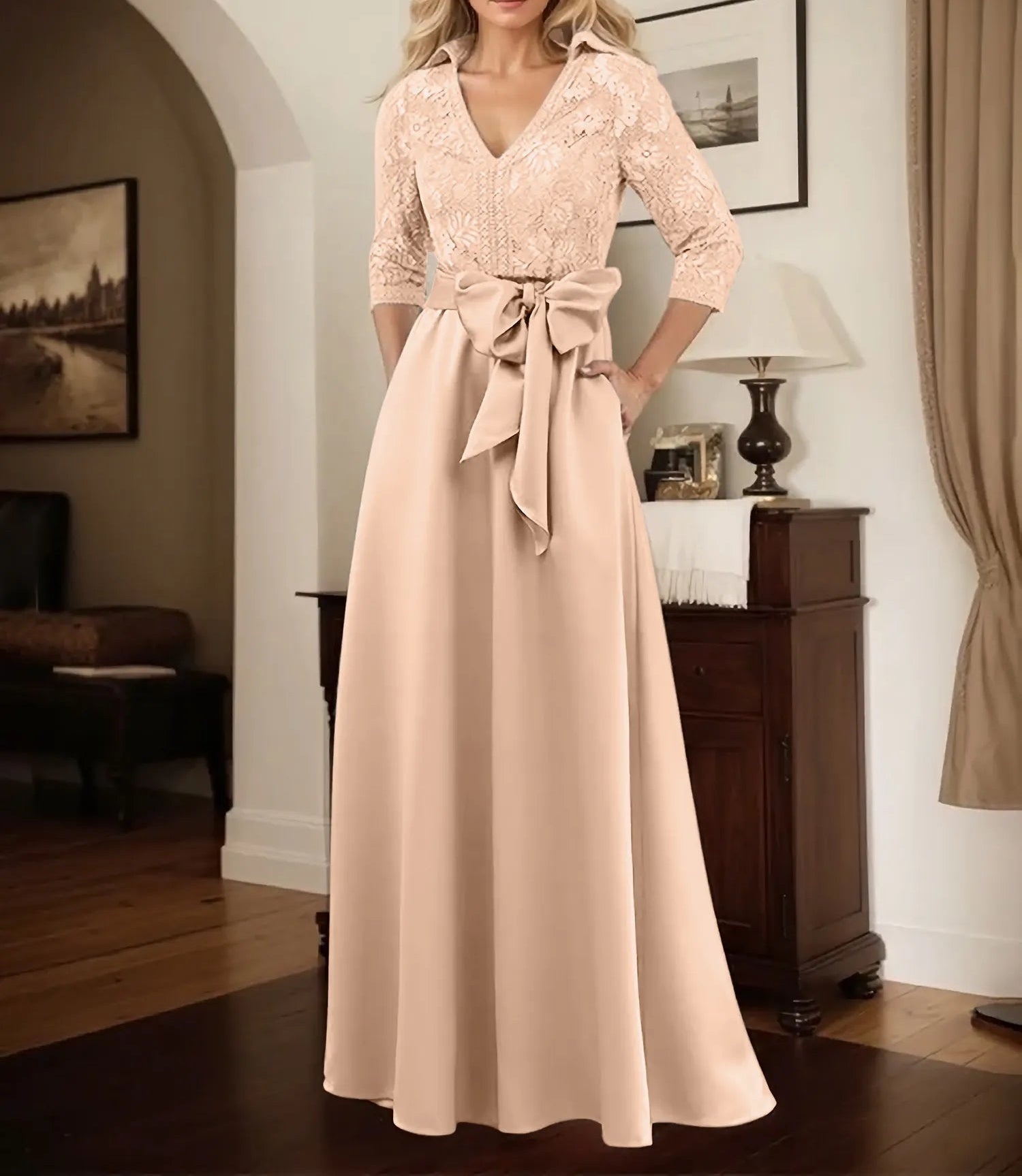 Classic V-Neck Bow Accented Satin Mother Of The Bride Dress With Lace