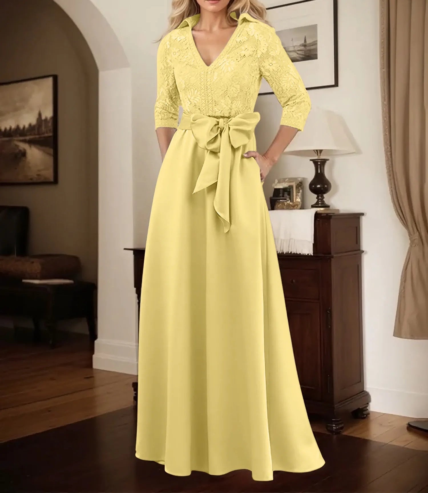 Classic V-Neck Bow Accented Satin Mother Of The Bride Dress With Lace