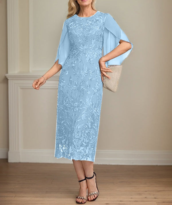 Sheath/Column Scoop Tea-Length Lace Chiffon Mother of the Bride Dress
