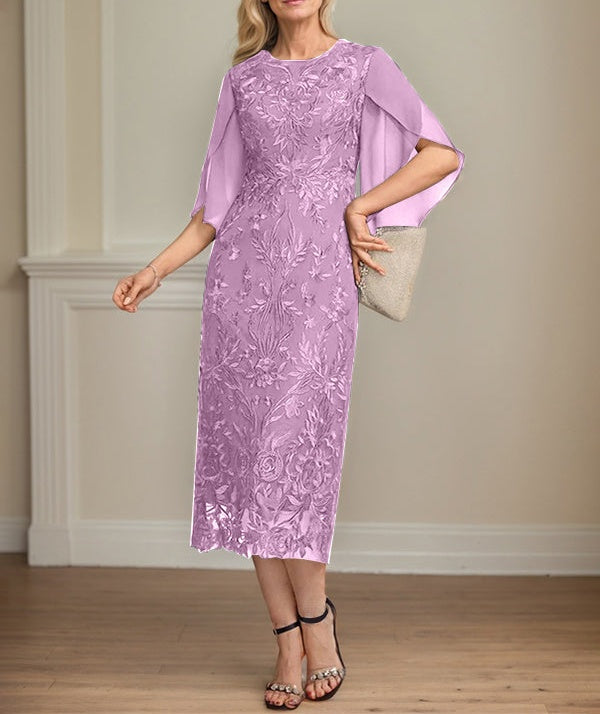 Sheath/Column Scoop Tea-Length Lace Chiffon Mother of the Bride Dress