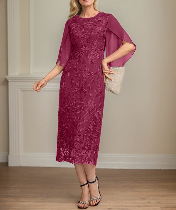 Sheath/Column Scoop Tea-Length Lace Chiffon Mother of the Bride Dress