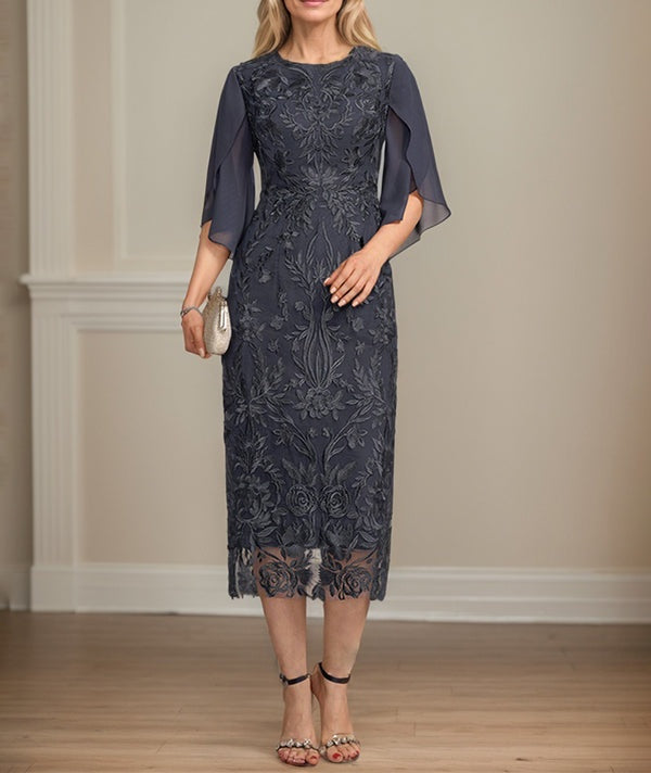 Sheath/Column Scoop Tea-Length Lace Chiffon Mother of the Bride Dress