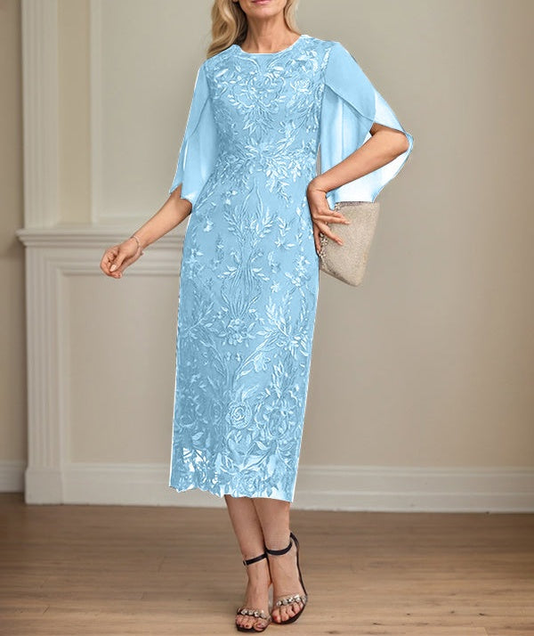 Sheath/Column Scoop Tea-Length Lace Chiffon Mother of the Bride Dress