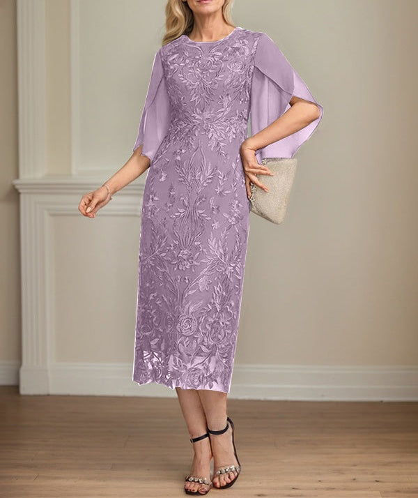 Sheath/Column Scoop Tea-Length Lace Chiffon Mother of the Bride Dress