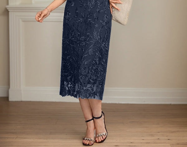 Sheath/Column Scoop Tea-Length Lace Chiffon Mother of the Bride Dress