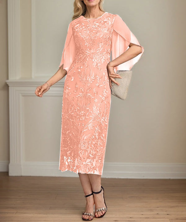 Sheath/Column Scoop Tea-Length Lace Chiffon Mother of the Bride Dress