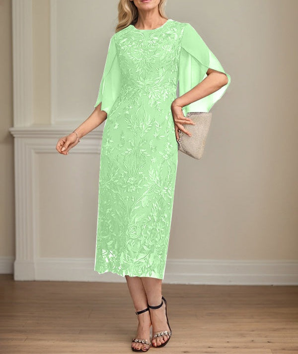 Sheath/Column Scoop Tea-Length Lace Chiffon Mother of the Bride Dress