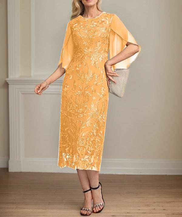 Sheath/Column Scoop Tea-Length Lace Chiffon Mother of the Bride Dress