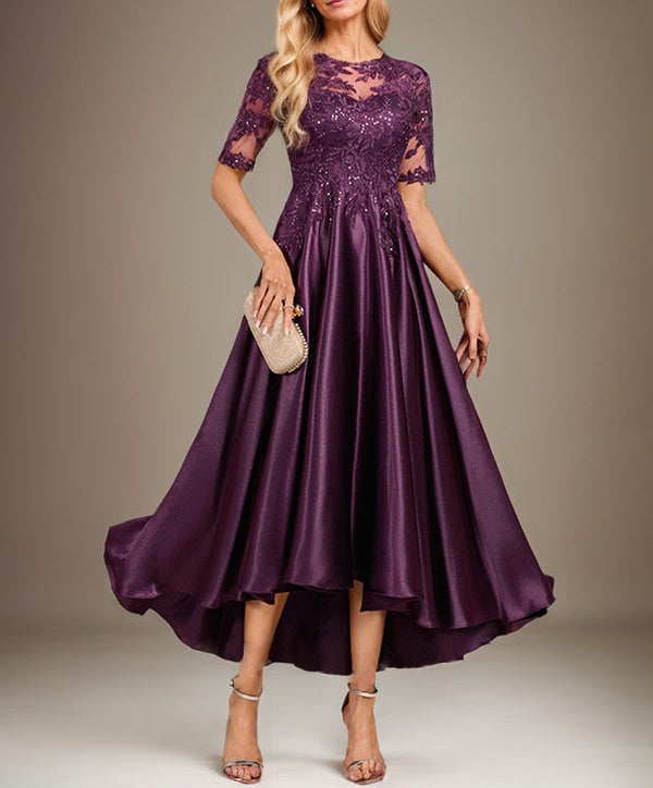 A-line Scoop Illusion Asymmetrical Stretch Satin Lace Mother of the Bride Dress With Sequins
