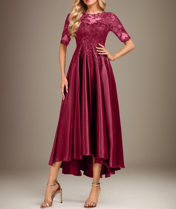 A-line Scoop Illusion Asymmetrical Stretch Satin Lace Mother of the Bride Dress With Sequins