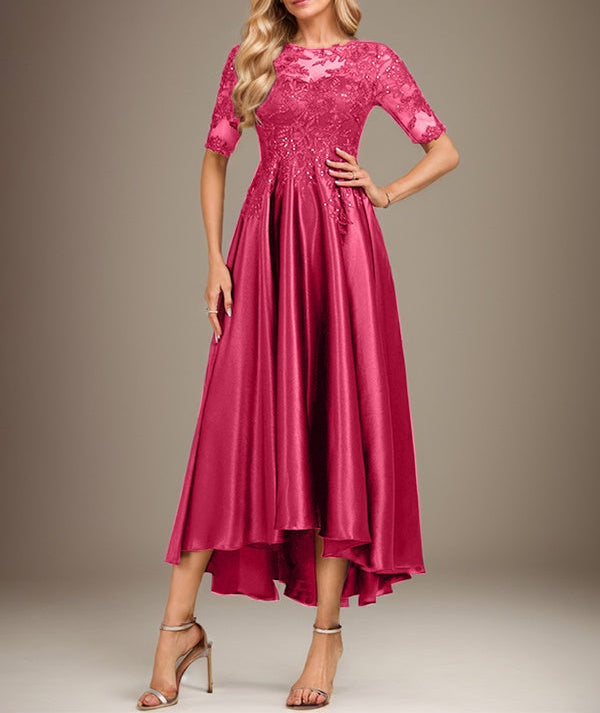 A-line Scoop Illusion Asymmetrical Stretch Satin Lace Mother of the Bride Dress With Sequins