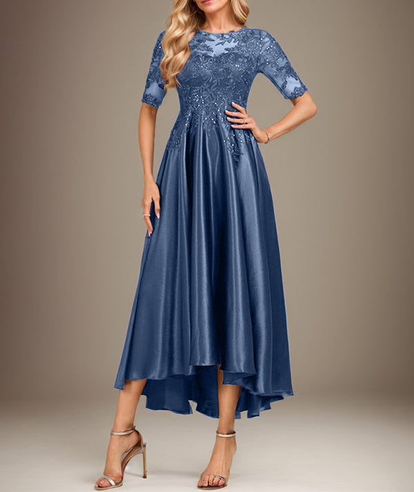 A-line Scoop Illusion Asymmetrical Stretch Satin Lace Mother of the Bride Dress With Sequins