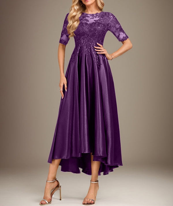 A-line Scoop Illusion Asymmetrical Stretch Satin Lace Mother of the Bride Dress With Sequins