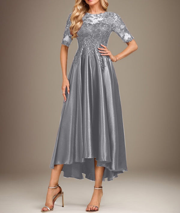 A-line Scoop Illusion Asymmetrical Stretch Satin Lace Mother of the Bride Dress With Sequins