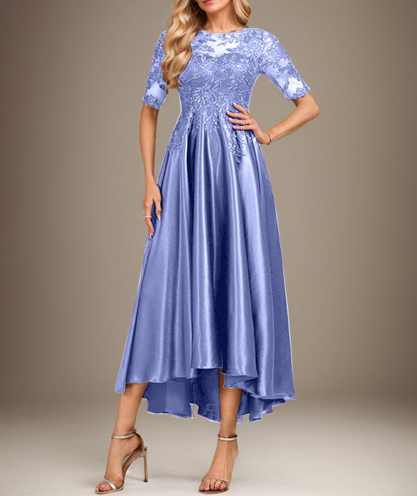A-line Scoop Illusion Asymmetrical Stretch Satin Lace Mother of the Bride Dress With Sequins