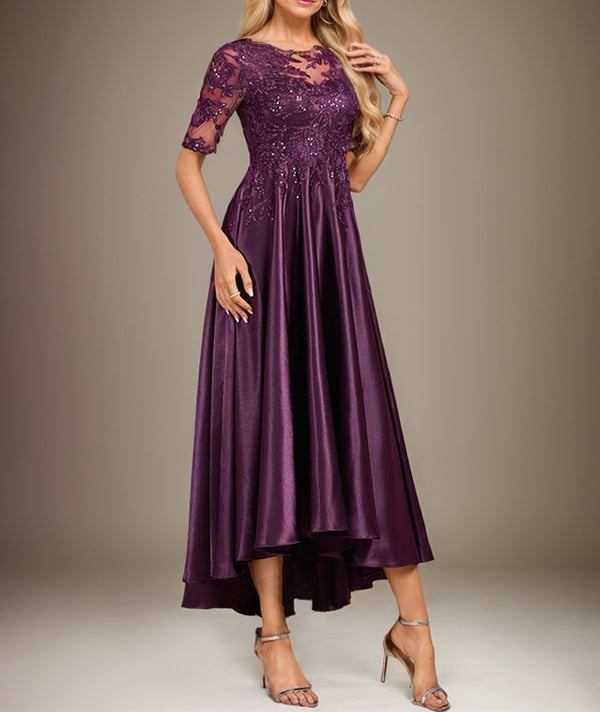A-line Scoop Illusion Asymmetrical Stretch Satin Lace Mother of the Bride Dress With Sequins