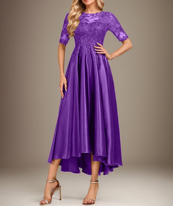 A-line Scoop Illusion Asymmetrical Stretch Satin Lace Mother of the Bride Dress With Sequins