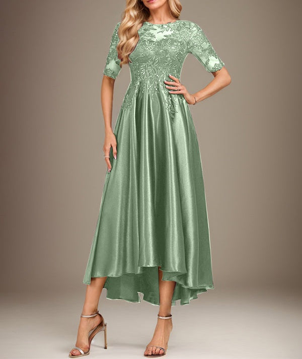 A-line Scoop Illusion Asymmetrical Stretch Satin Lace Mother of the Bride Dress With Sequins