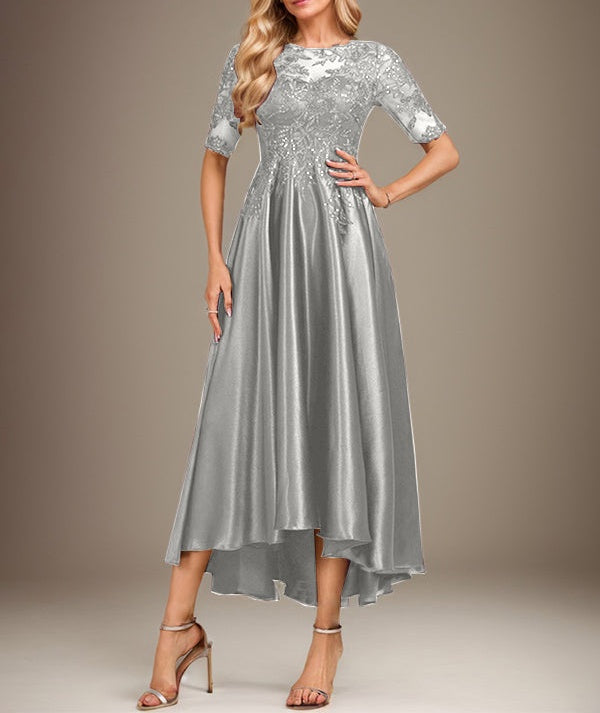 A-line Scoop Illusion Asymmetrical Stretch Satin Lace Mother of the Bride Dress With Sequins