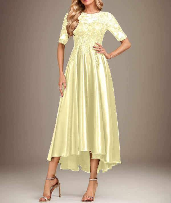 A-line Scoop Illusion Asymmetrical Stretch Satin Lace Mother of the Bride Dress With Sequins