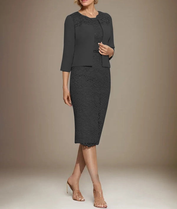 Sheath/Column Scoop Knee-Length Chiffon Lace Mother of the Bride Dress With Beading