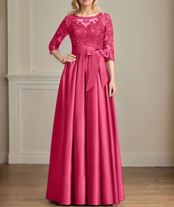 A-line Scoop Illusion Floor-Length Satin Lace Mother of the Bride Dress With Sequins Bow
