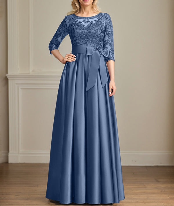 A-line Scoop Illusion Floor-Length Satin Lace Mother of the Bride Dress With Sequins Bow