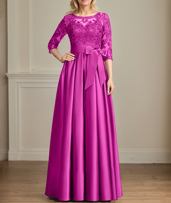 A-line Scoop Illusion Floor-Length Satin Lace Mother of the Bride Dress With Sequins Bow