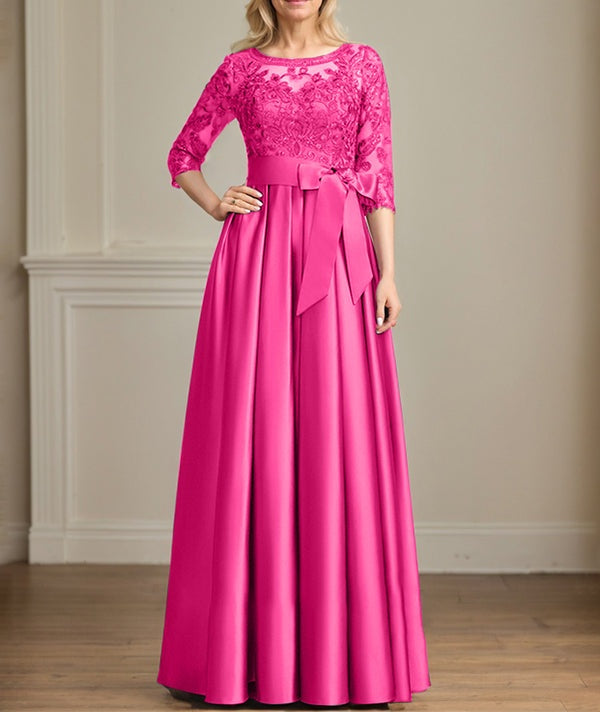 A-line Scoop Illusion Floor-Length Satin Lace Mother of the Bride Dress With Sequins Bow
