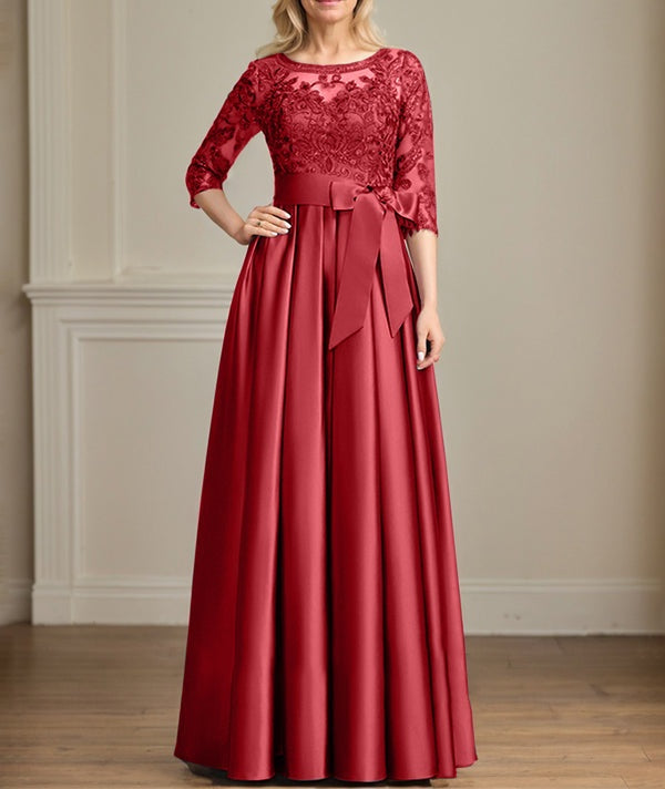 A-line Scoop Illusion Floor-Length Satin Lace Mother of the Bride Dress With Sequins Bow
