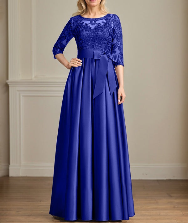 A-line Scoop Illusion Floor-Length Satin Lace Mother of the Bride Dress With Sequins Bow
