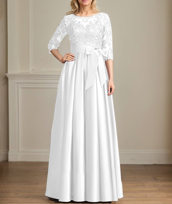 A-line Scoop Illusion Floor-Length Satin Lace Mother of the Bride Dress With Sequins Bow