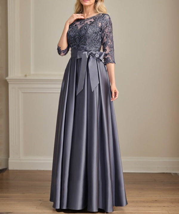 A-line Scoop Illusion Floor-Length Satin Lace Mother of the Bride Dress With Sequins Bow