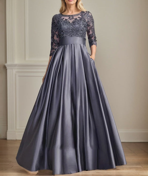 A-line Scoop Illusion Floor-Length Satin Lace Mother of the Bride Dress With Sequins Bow