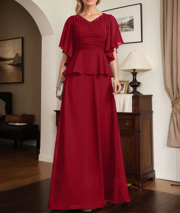 A-line V-Neck Floor-Length Chiffon Mother of the Bride Dress With Pleated Beading